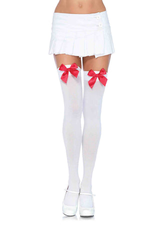 Nylon Over the Knee Socks - White With Red Bow LA-6255WHTRED